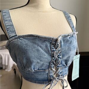 Blue Denim Lace-Up Crop Top